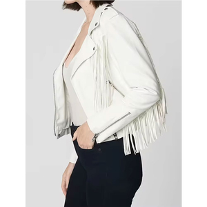 Blouson moto en similicuir blanc avec détails à pampilles, fermeture éclair, col cranté, coupe courte, vêtement d'extérieur décontracté pour femme - Product Image 3