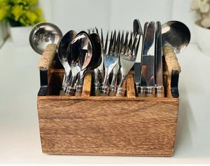Porte-ustensiles en bois, support à couverts, organisateur de cuillères, fourchettes et couteaux, rangement pour comptoir de cuisine, boîte en bois rustique - Product Image 3