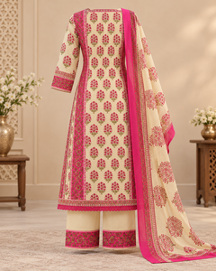 <b>Women</b> Beige Pink Printed Three Piece <b>Kurta</b> Pant Dupatta Set Traditional Indian Ethnic Wear Wholesale Manufacturer - Product Image 4