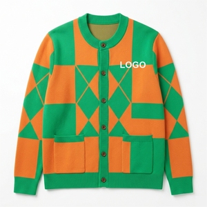 Suéteres de Otoño para Mujer, Color Verde Naranja, Tejido Geométrico, Lana/Cachemira, Antiarrugas, Casual, Manga Larga, Cuello en V, con Cinturón - Product Image 1