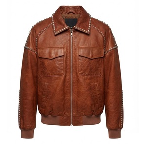 Blouson aviateur vintage en cuir marron pour homme, avec rivets, logo lettré au dos, col rabattable, finition vieillie, fermeture éclair - Product Image 6