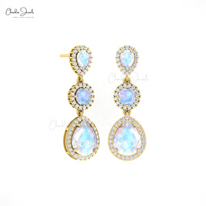 14k Solid Gold Natural Rainbow Moonstone & 1.1mm Pave Set Diamond Halo Dangle <b>Earrings</b> June Birthstone Cocktail Jewelry - Product Image 3