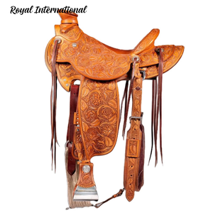 Premium Hand <b>Tooled</b> Western Horse Saddle Genuine <b>Leather</b> Ranch Trail Barrel Racing Cowboy Equestrian Riding Tack Brown Saddle - Product Image 1