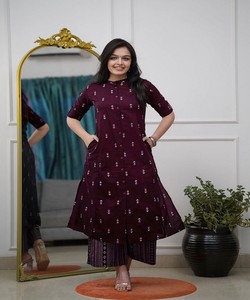 ชุดเสื้อผ้าเรยอนลายฟอยล์แบบใหม่ พร้อมกางเกงขายาว สำหรับใส่ทุกวัน ราคาขายส่ง เสื้อผ้าชาติพันธุ์ สีไวน์ - Product Image 1