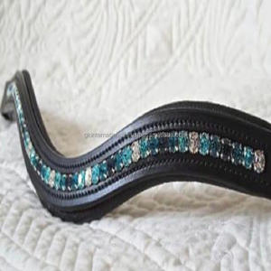 Noir ou marron Bande de front de cheval en cuir vide en forme de canal avec rembourrage doux de vache cousu et cristaux de marque design bling - Product Image 3