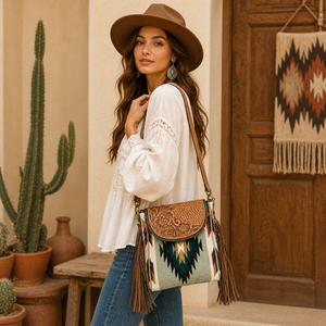 Western Cowhide Leather Fringe Flap Crossbody <b>Bag</b> | Southwestern Pattern Hand Tooled Shoulder <b>Bag</b> | <b>Boho</b> Style, India for Womens - Product Image 2