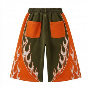 <b>Men's</b> Street Style Bermuda <b>Shorts</b> Digital Flame Print Elastic Waist Drawstring Olive <b>Orange</b> - Product Image 2
