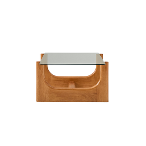 Mesa de Centro Moderna de Mediados de Siglo con Base de Madera Entrelazada y Cubierta de Vidrio Transparente para Hogar u Hotel - Product Image 2