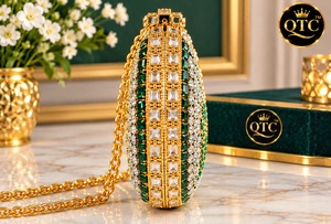 Bolso de mano pequeño de latón Kundan, chapado en oro, con diamantes de imitación, para noche, con correa de cadena, accesorio para bodas y fiestas, forro de terciopelo - Product Image 3