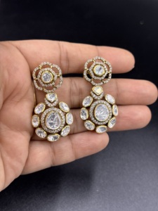Floral Design Trendy Silver Long <b>Earrings</b> with Gold Plated Bezel Setting White Polki Traditional Ethnic Wear for Wedding - Product Image 5