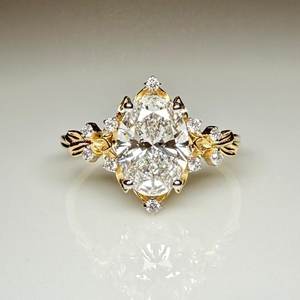 Bague en or massif 14 carats avec diamant ovale de 3,00 carats de style floral, cultivé en laboratoire, pour femme, cadeau de mariage surprise pour amoureux - Product Image 1