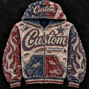 <b>Men</b> Zip Up Hoodie Rhinestone Distressed Letter Star Hooded <b>Sweatshirt</b> Hip Hop Streetwear Red <b>White</b> Blue - Product Image 1