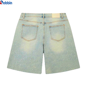 Custom Breathable Knitted Straight Mid Waist Summer Hip Hop Rhinestone Denim Shorts <b>Men</b> Stylish Premium Eco-Friendly Streetwear - Product Image 4