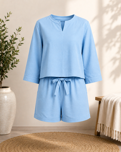 Conjunto de Pijama de Dos Piezas para Mujer, Top de Manga 3/4 y Pantalones Cortos con Cordón, Ropa de Dormir - Product Image 1