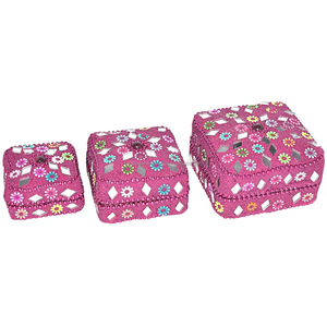 Coffret de 3 boîtes à bijoux carrées indiennes faites à la main avec travail perlé pour emballage de bijoux, cadeau de mariage, décoration intérieure - Product Image 1