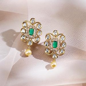 Gold Plated Alloy Necklace Earrings Headpiece Ring Set Zircon Imitation Pearl Geometric Design Vintage Women's Wedding <b>Jewelry</b> - Product Image 6