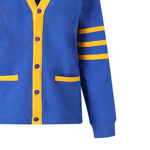 Cárdigan Casual de Invierno Oakwood Azul, Estilo Universitario, de Felpa, Cuello en V, Botones al Frente, Tejido con Detalles de Rayas Doradas y Blancas, Logotipo de Chenille - Product Image 5