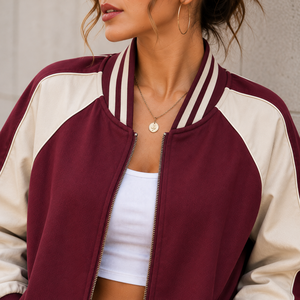 Veste universitaire pour femme, couleur marron et blanc contrasté, fermeture éclair, manches longues, col montant, tenue d'automne - Product Image 2