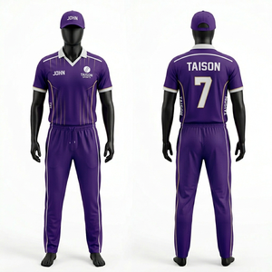 160 GSM Polyester <b>Cricket</b> Uniform Purple <b>White</b> Striped Panels Breathable Fabric Custom Sublimation Logo men's <b>Cricket</b> Uniform - Product Image 6