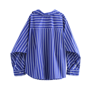Blusa de Moda Casual para Mujer, con Cuello Camisero, Estampado a Rayas, Color Azul, Manga Larga, Botones - Product Image 2