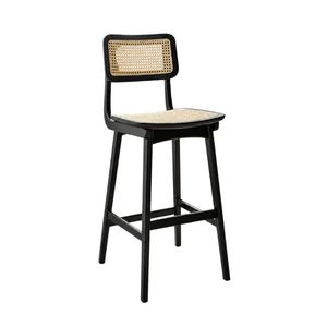 Mid-Century Modern Rattan Counter <b>Stool</b> with Wooden Chair Legs, Black Frame, Cane Seat and Back for Kitchen Island Home Bar Use - Product Image 1