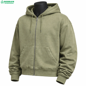 Sudadera con Capucha y Cremallera para Hombre, Color Verde Oliva, Corte Regular, Estilo Casual para Otoño, 100% Algodón, Transpirable, Diseño Sólido de Punto - Product Image 3