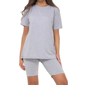 Tenues 2 pièces pour femmes survêtement décontracté à manches courtes t-shirt et short 100% coton ensembles pour femmes 2026 HI - Product Image 4