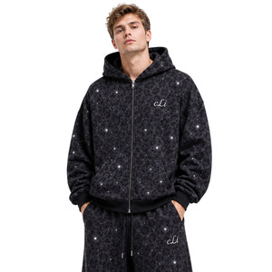 Custom Leopard <b>Camo</b> Print Rhinestone Zip Up Boxy <b>Men</b> <b>Hoodies</b> Oversized Wide Leg Joggers 100% Cotton 450 GSM Fleece Drop Shoulder - Product Image 2