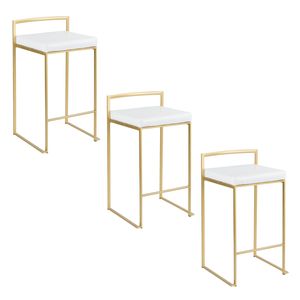 Ensemble de 3 tabourets de bar contemporains Fuji de 26 pouces en métal doré avec assise en similicuir blanc - Product Image 1