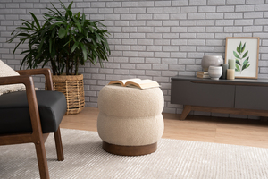 Modern Round <b>Pouf</b> Ottoman with Upholstered Fabric in Brown Beige Color for Home Living Room Apartment Hotel Use - Product Image 5