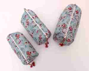 Set of 3 Handmade Quilted Cotton <b>Portable</b> Kitchen Toiletry Bags Floral Block Print Cosmetic Makeup Pouches with Zipper - Product Image 3