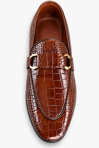 <b>Men</b>’s Brown Crocodile Pattern Loafers with Gold Horsebit Buckle Detail - Product Image 4