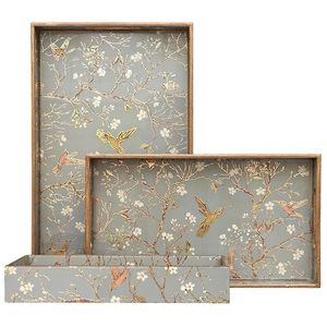 Ensemble de plateaux de service décoratifs en bois de luxe, gravés, rectangulaires, motif floral et oiseaux, style moderne, ensemble multi-pièces pour la salle à manger à domicile - Product Image 5