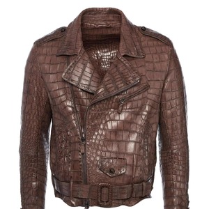 Chaqueta de Cuero Genuino con Estampado de Cocodrilo Marrón para Hombre, Cuello Camisero, Cierre de Cremallera, Corte Ajustado, Estilo Otoñal - Product Image 2