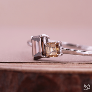 Champagne Lab Grown Diamond Toi et Moi <b>Ring</b> Asscher and Emerald Cut <b>Two</b> <b>Stone</b> Engagement <b>Ring</b> Architectural Design Ready to Ship - Product Image 3