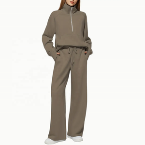 Ensemble haut et pantalon à manches longues décontracté pour femmes, couleur unie, coupe ample, sweat à capuche et pantalon à demi-fermeture éclair - Product Image 3