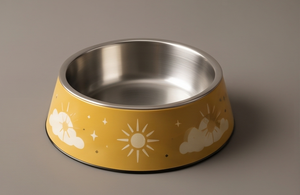 OEM Tazón para perros de acero inoxidable con esmalte amarillo, base antideslizante, diseño Sol y Nube, para comida y agua de mascotas, venta al por mayor - Product Image 3