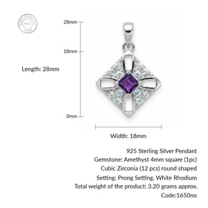 Trendy Wholesale Rhaya Jewels Sterling Silver Rhodium Plated Square Shaped Amethyst Cz Solitaire Pendant Handmade Minimalist - Product Image 2
