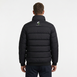 Men's Black Puffer Jacket Stand Collar Zipper Closure Windproof Casual Winter 100% Polyester Solid Color - Product Image 3