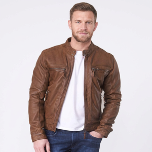 Men's <b>Brown</b> Genuine <b>Leather</b> Moto <b>Jacket</b> Stand Collar Zipper Closure Slim Fit Autumn Wear - Product Image 5