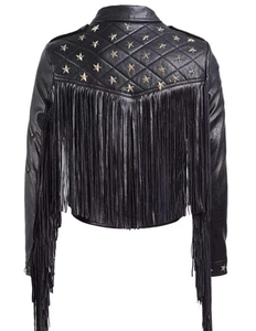 Chaqueta de Cuero con Flecos y Tachuelas para Mujer, Negra o Cualquier Color Personalizado, Chaqueta de Motera para Mujer, Chaqueta de Cuero Genuino con Púas - Product Image 5