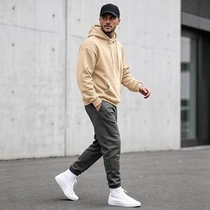 Sudadera con Capucha Beige para Hombre, Corte Regular, Color Sólido, Tejida, con Bolsillos, Estilo Casual, para Otoño - Product Image 5