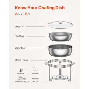 Set da 2 Chafing Dish in Acciaio Inox da 5 Qt, Set Completo per Buffet, Scaldavivande per Catering con Coperchio in Vetro per Feste e Decorazioni da Tavola - Product Image 6