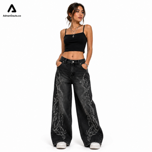 Jeans à jambes larges personnalisés avec broderie florale Y2K pour femmes |   Pantalons en denim vintage baggy streetwear, fabricant et fournisseur OEM ODM - Product Image 2