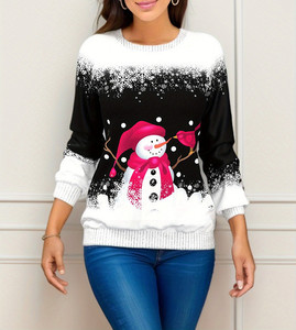เสื้อสเวตเตอร์คอกลมสีดำสำหรับผู้หญิงพิมพ์ลายการ์ตูนสโนว์แมนเสื้อถักลำลองสำหรับฤดูหนาว - Product Image 1