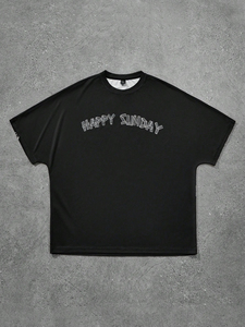 Vêtements pour hommes, T-shirt imprimé avec motif de lettres Happy Sunday, col rond, style Y2k, décontracté et élégant, pour l'été, en plein air, à manches courtes - Product Image 2