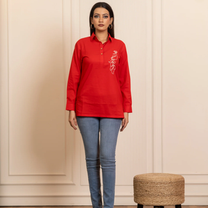 Túnica de algodón para mujer con bordado de pavo real |   Camisa de Manga Larga Estilo Kurti Étnico |   Ropa Casual Diaria y de Oficina para Mujer - Product Image 1