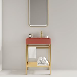 24 \ "Set di vanità da bagno rosso lucido Freestanding consolle lavabo rettangolare in ceramica rubinetto aperto in metallo gambe scaffali di stoccaggio - Product Image 1