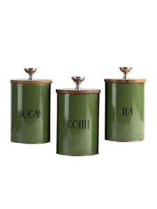 Green Metal Tea Coffee Sugar <b>Canister</b> <b>Set</b> with Wooden Lids | Kitchen Storage Containers Wholesale - Product Image 6