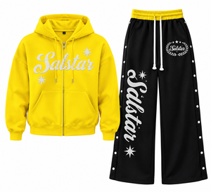 Women’s <b>Yellow</b> Zip Up <b>Hoodie</b> & Black Wide Leg Sweatpants Set Custom Embroidered Streetwear Tracksuit Wholesale Women’s 2 Piece - Product Image 1